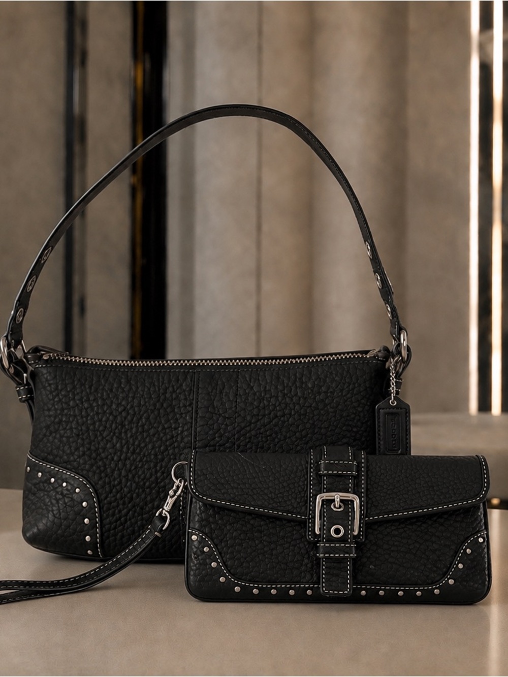 🖤Great Deal! Y2K Coach Black Pebbled Leather Shoulder Bag and Wristlet Set